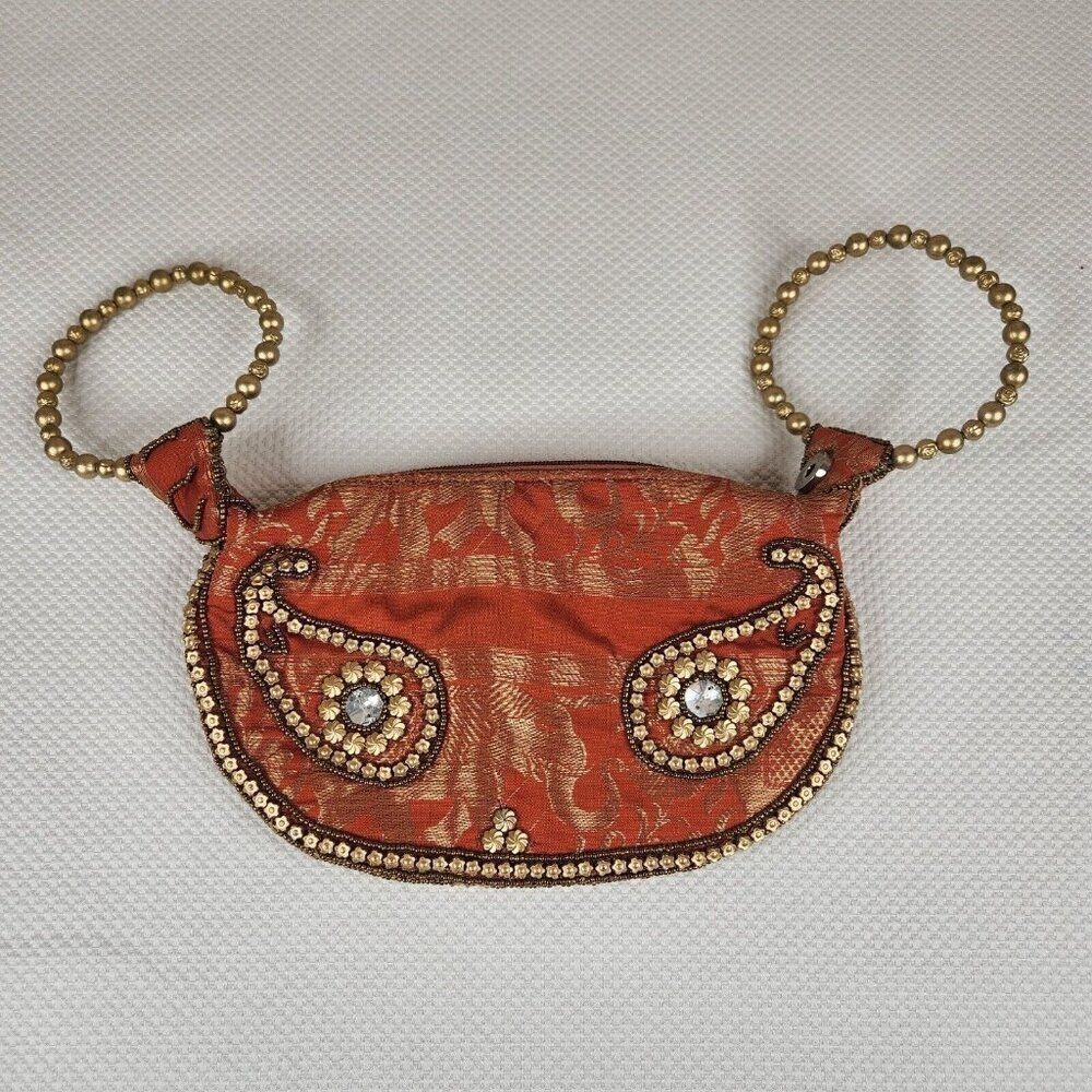 Fortune Cookie Purse Beaded Purse Zip Snap Closure Gold Orange Handmade